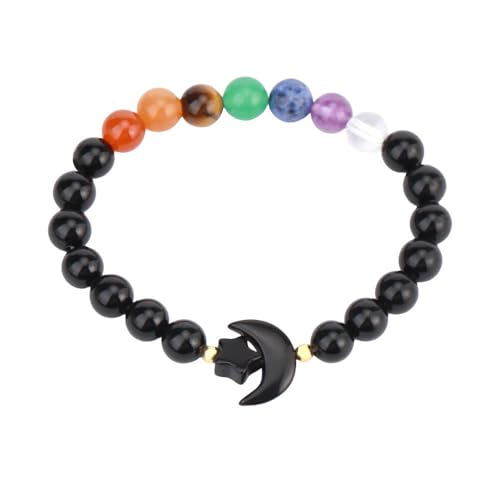 Naturstein-Stretch-Perlenarmband Unisex, 8mm, Schwarzer Obsidian, Labradorit, Verstellbares Paararmband mit Stern-Mond-Charm, Modischer Yoga-Chakra-Armreif, Schwarz, 8mm von KNDSSMY