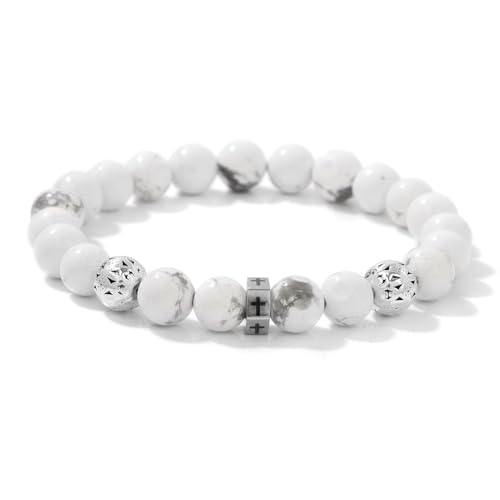 Schlichtes Naturstein-Stretcharmband Unisex, 8mm Weiße Howlith-Silberperle, Handgefertigtes Perlenarmband, Verstellbar, Modischer Yoga-Armreif, 8mm Schlichtes Naturstein-Stretcharmband Unisex, 8mm Weiße Howlith-Silberperle, Handgefertigtes Perlenarmband, Verstellbar, Modischer Yoga-Armreif, 8mm von KNDSSMY
