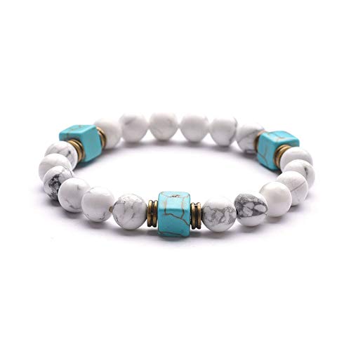 Verstellbares Stretch-Armband aus Naturstein, Unisex, Weiß, Türkis und Quadratischer Blaustein, Handgefertigtes Perlenarmband, 8mm Perlen, Modischer Paar-Armreif, 8mm Verstellbares Stretch-Armband aus Naturstein, Unisex, Weiß, Türkis und Quadratischer Blaustein, Handgefertigtes Perlenarmband, 8mm Perlen, Modischer Paar-Armreif, 8mm von KNDSSMY