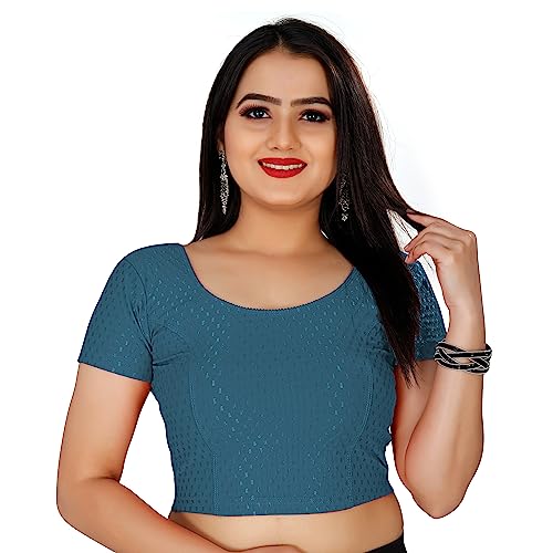 Damen Baumwolle Fertig Saree Bluse Dehnbar Crop Top Choli Bustier Top, Blaues Cyan, Large von KNETLI