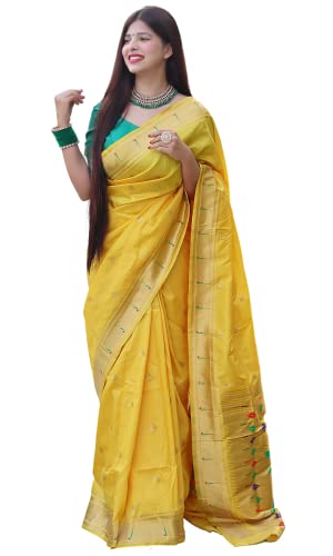 KNETLI Banarasi Baumwoll-Seiden-Saree für Damen, traditioneller indischer Saris mit reinem Zari-Arbeitssari für Damen mit ungenähter Bluse, Methi Gelb, One size von KNETLI