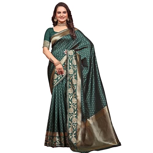 KNETLI Damen Kanjivaram Banarasi Weiche Seide Sari indische traditionelle Zari-Arbeit mit ungesäumter Bluse für Hochzeit Festival, dunkelgrün, One size von KNETLI