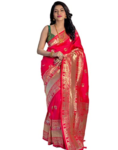 KNETLI Roter Sari für Frauen Indischer traditioneller Banarasi Sari Gold Zari Arbeit Jecquard Sari aus weicher Seide für Frauen mit ungestickter Bluse (One Size, Rot) von KNETLI
