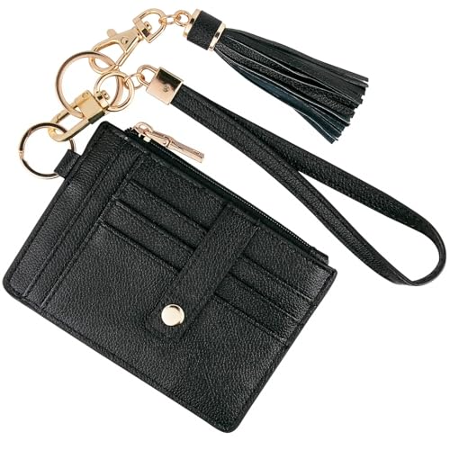 KNGITRYI Geldbörse Damen Klein RFID – Kartenetui mit Reißverschluss, Schlüsselanhänger & abnehmbarem Wristlet – Mini Portemonnaie Damen mit 8 Kartenfächern & Ausweisfenster(Schwarz) von KNGITRYI