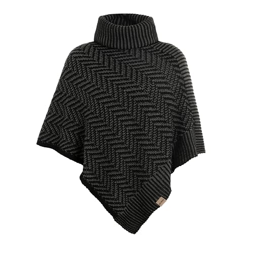 KNIT FACTORY - Amber Gestrickter Poncho - Damen Strickponcho mit Rollkragen - Umschlagponcho mit Fisgrätmuster - Damen Poncho aus Wolle und Polyacryl - Hochwertige Qualität - Schwarz/Anthrazit von KNIT FACTORY