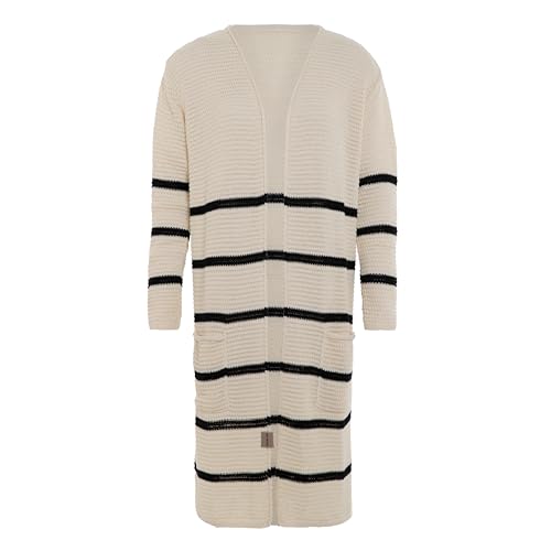 KNIT FACTORY - Bibi Lange Strickjacke - Lange Damen Strickjacke - Grobstrickjacke Damen - Für den Frühling und Sommer - Strickweste mit Streifen - Cardigan mit Taschen - 40/42 - Beige/Schwarz von KNIT FACTORY