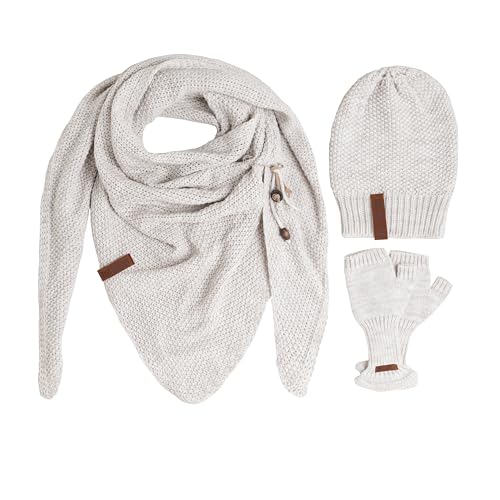 KNIT FACTORY - Damen Winter Set - Coco Dreiecksschal, Coco & Cleo Handstulpen - Winterschal, Wintermütze und Handschuhe - Gefertigt aus 30% Wolle und 70% Polyacryl - Beige von KNIT FACTORY