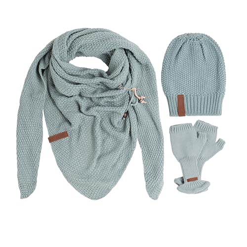KNIT FACTORY - Damen Winter Set - Coco Dreiecksschal, Coco & Cleo Handstulpen - Winterschal, Wintermütze und Handschuhe - Gefertigt aus 30% Wolle und 70% Polyacryl - Stone Green von KNIT FACTORY