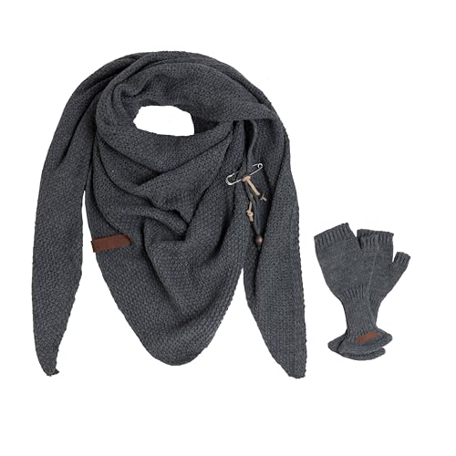 KNIT FACTORY - Damen Winter Set - Coco Dreiecksschal & Cleo Handstulpen - Winterschal und Handschuhe - Strickschal mit Handschuhe - Gefertigt aus 30% Wolle und 70% Polyacryl - Anthrazit von KNIT FACTORY