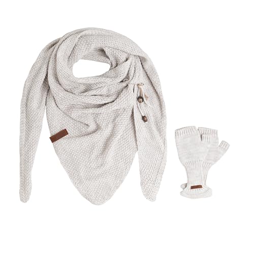 KNIT FACTORY - Damen Winter Set - Coco Dreiecksschal & Cleo Handstulpen - Winterschal und Handschuhe - Strickschal mit Handschuhe - Gefertigt aus 30% Wolle und 70% Polyacryl - Beige von KNIT FACTORY