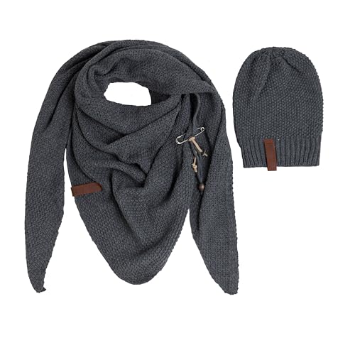 KNIT FACTORY - Damen Winter Set - Coco Dreiecksschal & Coco Mütze - Winterschal und Wintermütze - Strickschal mit Strickmütze - Gefertigt aus 30% Wolle und 70% Polyacryl - Anthrazit von KNIT FACTORY