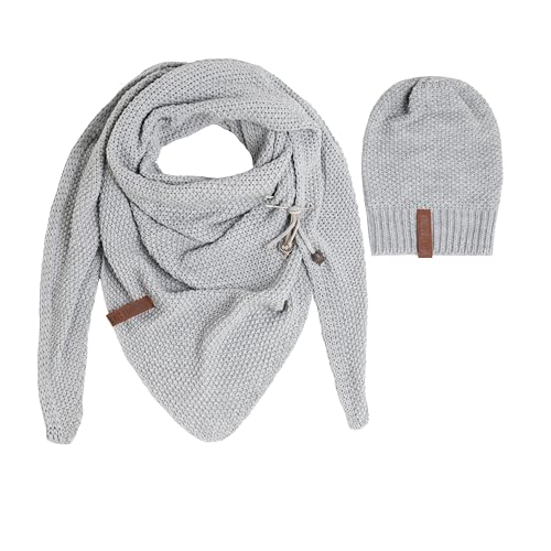 KNIT FACTORY - Damen Winter Set - Coco Dreiecksschal & Coco Mütze - Winterschal und Wintermütze - Strickschal mit Strickmütze - Gefertigt aus 30% Wolle und 70% Polyacryl - Grau von KNIT FACTORY