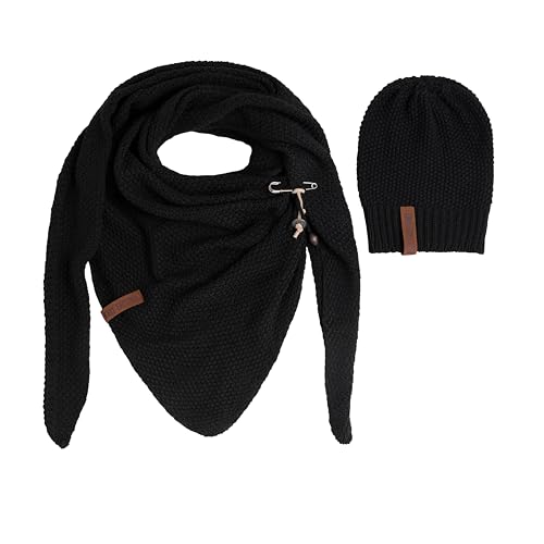 KNIT FACTORY - Damen Winter Set - Coco Dreiecksschal & Coco Mütze - Winterschal und Wintermütze - Strickschal mit Strickmütze - Gefertigt aus 30% Wolle und 70% Polyacryl - Schwarz von KNIT FACTORY