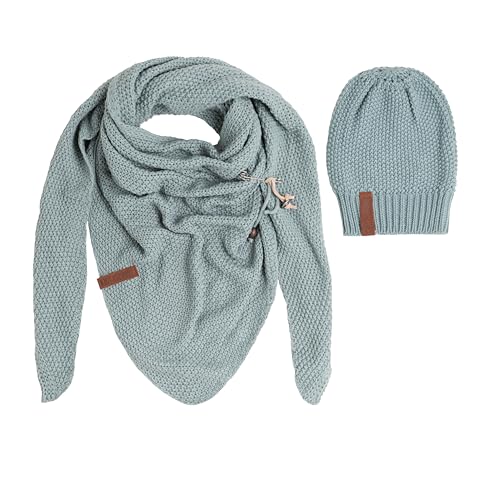 KNIT FACTORY - Damen Winter Set - Coco Dreiecksschal & Coco Mütze - Winterschal und Wintermütze - Strickschal mit Strickmütze - Gefertigt aus 30% Wolle und 70% Polyacryl - Stone Green von KNIT FACTORY