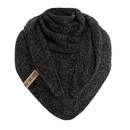 KNIT FACTORY - Dreiecksschal Sally - Damen Strickschal mit Wolle - Grob gestrickten Schal - Hochwertige Qualität - XXL Schal - 220x85 cm - Schwarz/Anthrazit von KNIT FACTORY