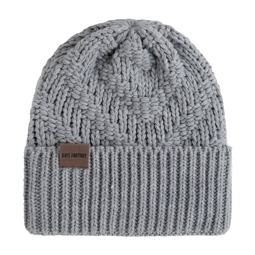 KNIT FACTORY - Sally Mütze - Strickmütze für Damen und Herren - Beanie - Wintermütze mit Wolle - Robusten Look - Hochwertige Qualität - Grau von KNIT FACTORY