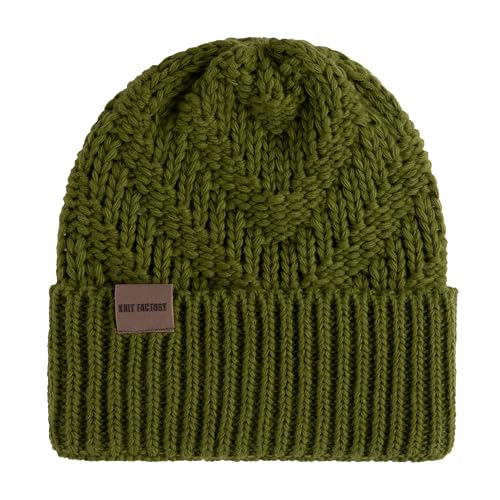 KNIT FACTORY - Sally Mütze - Strickmütze für Damen und Herren - Beanie - Wintermütze mit Wolle - Robusten Look - Hochwertige Qualität - Moosgrün von KNIT FACTORY