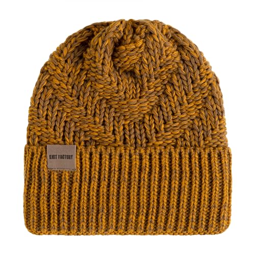 KNIT FACTORY - Sally Mütze - Strickmütze für Damen und Herren - Beanie - Wintermütze mit Wolle - Robusten Look - Hochwertige Qualität - Ocker/Tobacco von KNIT FACTORY