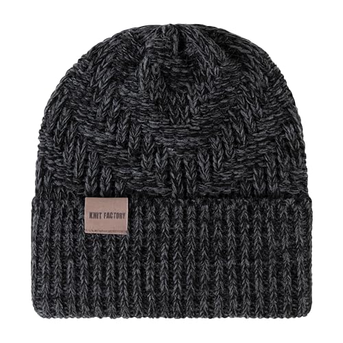 KNIT FACTORY - Sally Mütze - Strickmütze für Damen und Herren - Beanie - Wintermütze mit Wolle - Robusten Look - Hochwertige Qualität - Schwarz/Anthrazit von KNIT FACTORY