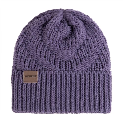 KNIT FACTORY - Sally Mütze - Strickmütze für Damen und Herren - Beanie - Wintermütze mit Wolle - Robusten Look - Hochwertige Qualität - Violett von KNIT FACTORY