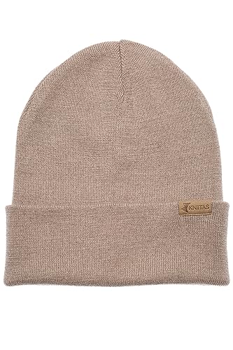 KNITAS Doppellagige Strickmütze Wintermütze aus Merinowolle I Superweiche und Warme Beanie Mütze für Damen Herren Jugend I Wollmütze in der Farbe Beige - Einheitsgröße für Erwachsene von KNITAS