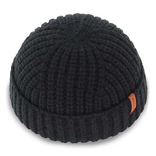 KNITDAY Chunky Wool Fisherman Short Beanie Hüte Skull Cap für Herren, dicke Skater Streetwear Fishermans Beanie Daily Hat, Schwarz, M/L von KNITDAY