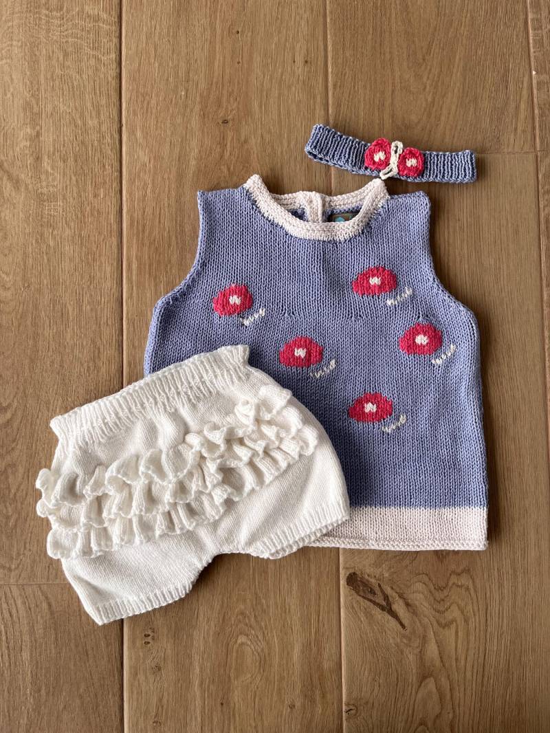 Sommerkleid Aus Baumwolle Mit Pumphose Und Haarband. Größe 12-18 Monate von KNITLEBITS