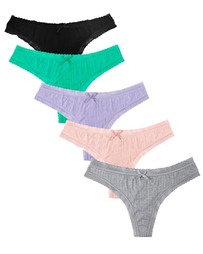 KNITLORD Bambus String Tanga Damen Spitze Unterwäsche Frauen Weich Atmungsaktive Unterhosen Bikini Panty Thong Mehrpack, 5Er Pack - L von KNITLORD