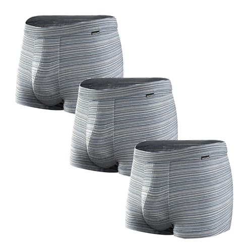 KNITLORD Bambusfaser Boxershorts Herren Unterhosen, Weich Atmungsaktive Männer Unterwäsche, Gestreift Retroshorts Mit Stoffbezogener Bund, Grau 3er Pack XXL von KNITLORD