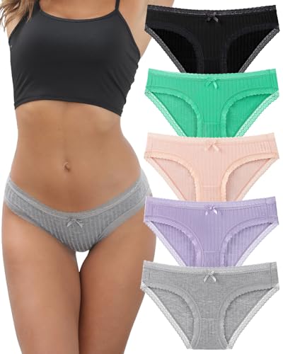 KNITLORD Damen Unterhosen Spitze Unterwäsche Bambus Viskose Slips Frauen Weiche Atmungsaktiver Bikini Hipster Panty, 5er Pack - XL von KNITLORD