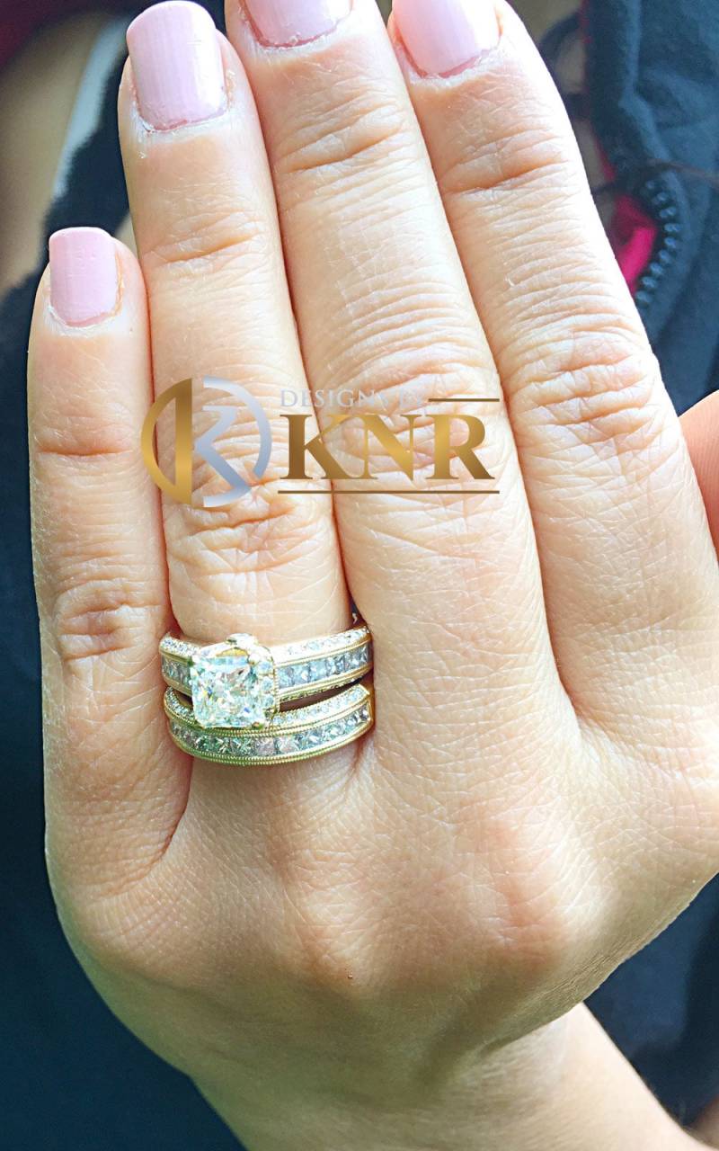 Großer Schwerer Frauen 14K Solide Gelbgold Princess Schliff Natürlicher Diamant Verlobungsring Und Band Braut Hochzeit 3.20Ct von KNRINC