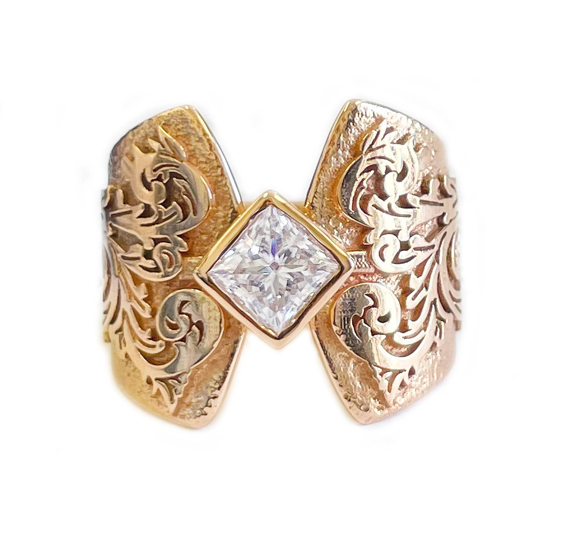 Einzigartiges Design 14K Massiv Und Schwer Rose Gold Princess Cut Simulierte Diamanten Verlobungsring Lünette Antiken Stil Filigran 1.00Ct von KNRINC2