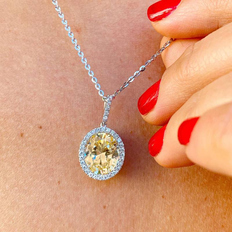Ovale Form Phantasie Gelb Und Rundschnitt Simulierte Diamanten Anhänger Halo Prong Hochzeit Brautgeschenk 14K Solid White Gold 5.20Ct Kette Inklusive von KNRINC2