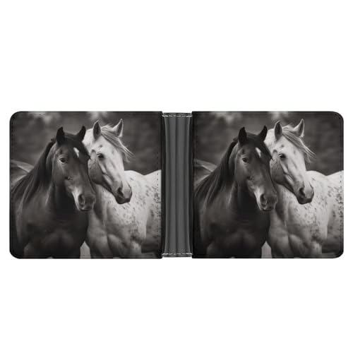 KOAYUBFC Schlanke Brieftasche, kompakt, faltbar, schwarzes und weißes Pferde, Ledergeldbörsen, minimalistische Geldbörsen für Herren, mit Kreditkartenfach, Münzfach, Ausweisfenster, Unisex von KOAYUBFC