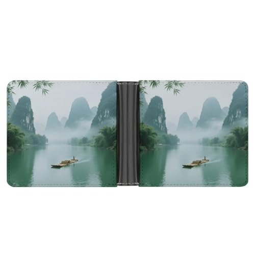 KOAYUBFC Schlanke Brieftasche, kompakt, faltbares Portemonnaie, Motiv: Der neblige Regen des Li-Flusses in Guilin-Ledergeldbörsen, minimalistische Geldbörsen für Herren mit Kreditkartenfach von KOAYUBFC