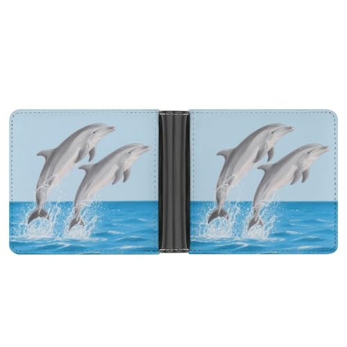 KOAYUBFC Schlanke Geldbörse, kompakt, faltbar, Delfine, fliegen und spielen, Ledergeldbörsen, minimalistische Brieftaschen für Herren, mit Kreditkartenfach, Leder-Münzschlitz, Ausweisfenster, Unisex von KOAYUBFC