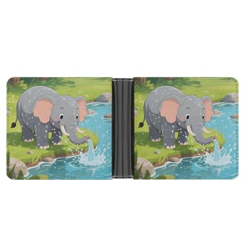 KOAYUBFC Schlanke Geldbörse, kompakt, faltbar, Elefant, nimmt ein Bad, Ledergeldbörsen, minimalistische Geldbörsen für Herren, mit Kreditkartenfach, Leder-Münzschlitz, Ausweisfenster, Unisex von KOAYUBFC