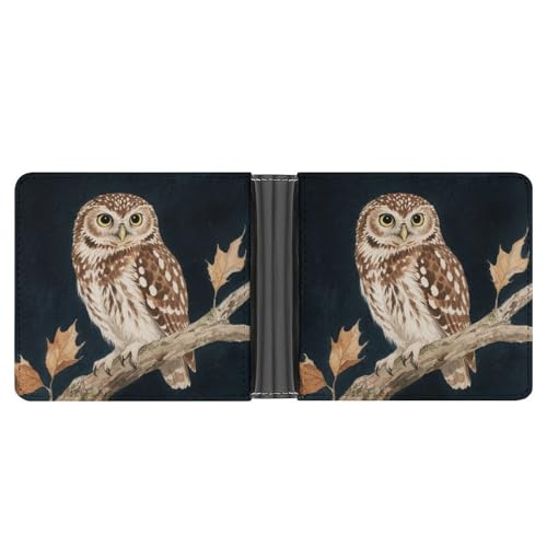 KOAYUBFC Schlanke Geldbörse, kompakt, faltbar, Eule, sitzend auf einem Ast, Ledergeldbörsen, minimalistische Geldbörsen für Herren, mit Kreditkartenfach, Leder-Münzschlitz, Ausweisfenster, Unisex von KOAYUBFC