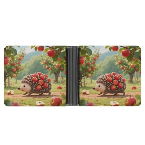 KOAYUBFC Schlanke Geldbörse, kompakt, faltbar, Igel, zum Sammeln von Äpfeln, Ledergeldbörsen, minimalistische Brieftaschen für Herren, mit Kreditkartenfach, Leder-Münzschlitz, Ausweisfenster, Unisex von KOAYUBFC