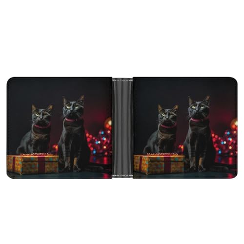 KOAYUBFC Schlanke Geldbörse, kompakt, faltbar, Katze, sitzend auf Geschenkbox, Ledergeldbörsen, minimalistische Geldbörsen für Herren, mit Kreditkartenfach, Leder-Münzschlitz, Ausweisfenster, Unisex von KOAYUBFC