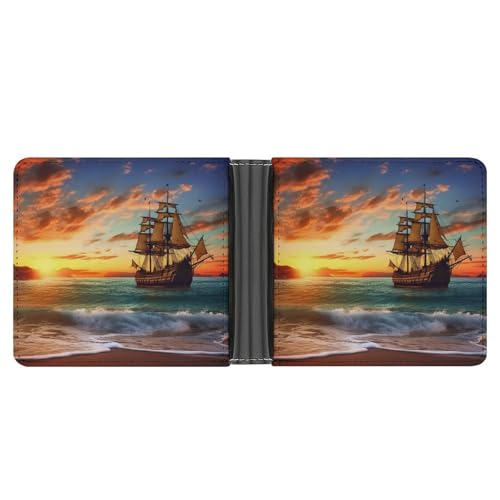 KOAYUBFC Schlanke Geldbörse, kompakt, faltbar, Piratenschiff im Sonnenuntergang, Ledergeldbörsen, minimalistische Geldbörsen für Herren, mit Kreditkartenfach, Münzfach, Ausweisfenster, Unisex von KOAYUBFC