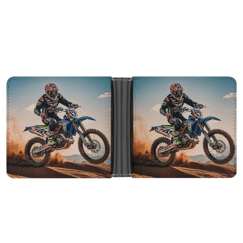 KOAYUBFC Schlanke Geldbörse, kompakt, faltbar, Sport, Motorrad, Motocross-Renn-Thema, Ledergeldbörsen, minimalistische Geldbörsen für Herren, mit Kreditkartenfach, Münzfach, Ausweisfenster, Unisex von KOAYUBFC
