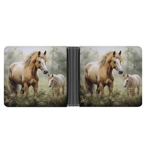 KOAYUBFC Schlanke Geldbörse, kompakt, faltbar, Tiere, Stickerei, Gemälde, Pferde, Ledergeldbörsen, minimalistische Geldbörsen für Herren, mit Kreditkartenfach, Münzfach, Ausweisfenster, Unisex von KOAYUBFC