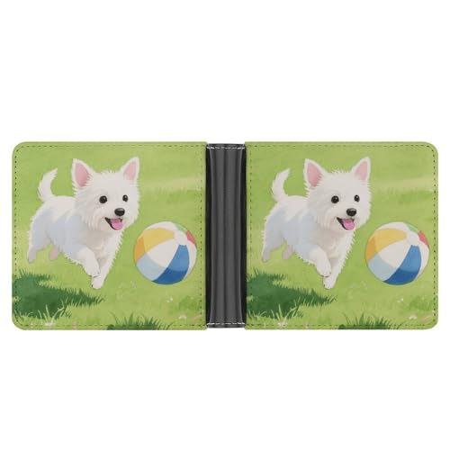 KOAYUBFC Schlanke Geldbörse, kompakt, faltbar, Welpe, Jagd nach einem Ball, Ledergeldbörsen, minimalistische Geldbörsen für Herren, mit Kreditkartenfach, Leder-Münzschlitz, Ausweisfenster, Unisex von KOAYUBFC