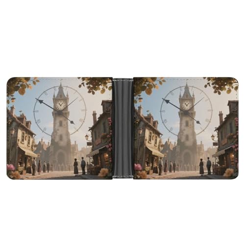 KOAYUBFC Schlanke Geldbörse, kompakt, faltbar, magischer Uhrenturm, Stadt, Ledergeldbörsen, minimalistische Geldbörsen für Herren, mit Kreditkartenfach, Leder-Münzschlitz, Ausweisfenster, Unisex von KOAYUBFC