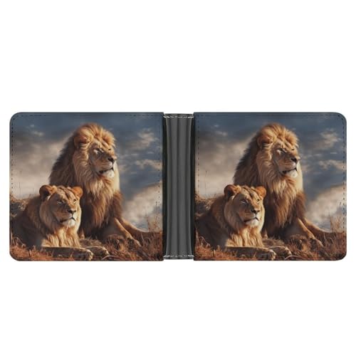 KOAYUBFC Schlanke Geldbörse, kompakt, zweifach gefaltet, zwei Löwen, Ledergeldbörsen, minimalistische Geldbörsen für Herren, mit Kreditkartenfach, Leder-Münzfach, Ausweisfenster, Unisex von KOAYUBFC