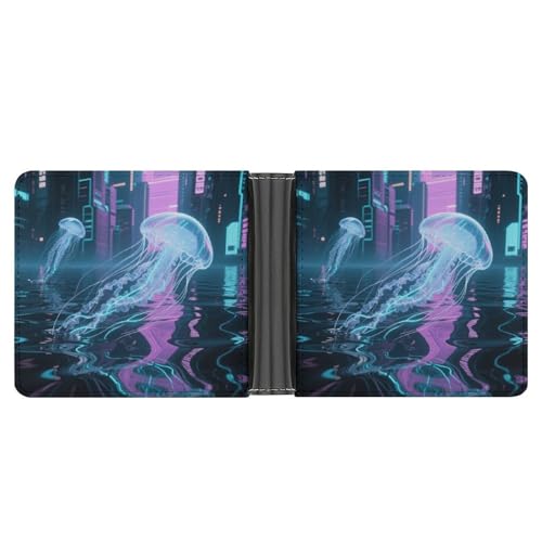 KOAYUBFC Slim Wallet Compact Bifold Wallet Cyber Quallen Leder Geldbörsen Minimalistische Geldbörsen für Herren mit Kreditkartenfach Leder Münzfach ID Fenster Unisex von KOAYUBFC