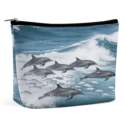 Wasserdichte Reise-Make-up-Tasche, Organizer, PU-Leder, Delfin im Meer, Kosmetiktasche, kleiner Kulturbeutel, niedlich, tragbare Reißverschlusstasche für Damen und Herren, Reisezubehör Wasserdichte Reise-Make-up-Tasche, Organizer, PU-Leder, Delfin im Meer, Kosmetiktasche, kleiner Kulturbeutel, niedlich, tragbare Reißverschlusstasche für Damen und Herren, Reisezubehör von KOAYUBFC