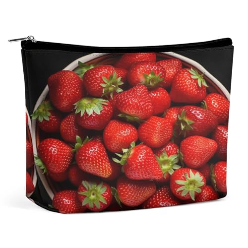 Wasserdichte Reise-Make-up-Tasche, Organizer, PU-Leder, Erdbeeren in Schüssel-Kosmetiktaschen, kleiner Kulturbeutel, niedlich, tragbare Reißverschlusstasche für Damen und Herren, Reisezubehör von KOAYUBFC