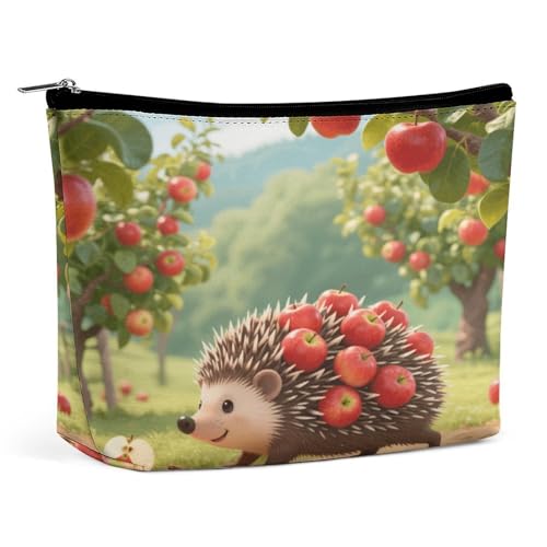 Wasserdichte Reise-Make-up-Tasche, Organizer, PU-Leder, Igel, zum Sammeln von Äpfeln, Kosmetiktaschen, kleiner Kulturbeutel, niedlich, tragbare Reißverschlusstasche für Damen und Herren, Reisezubehör von KOAYUBFC